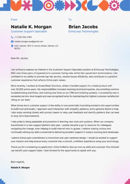 Choose Joy cover letter template