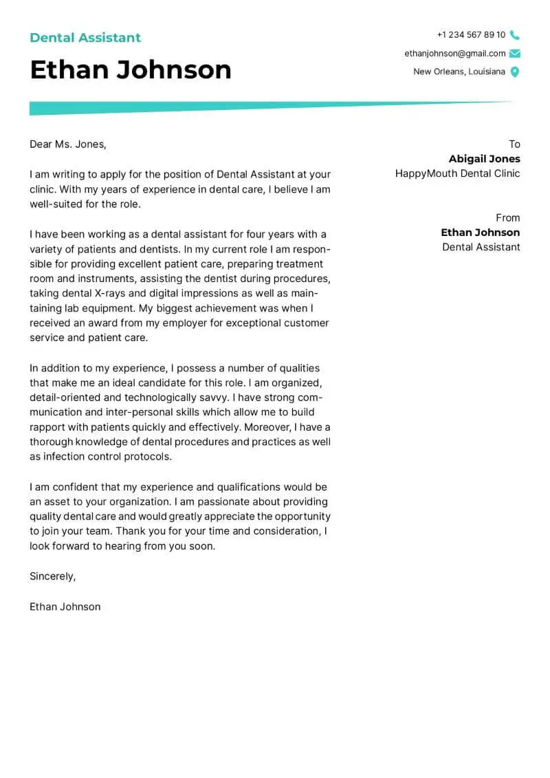 Dental Assistant Cover Letter Example