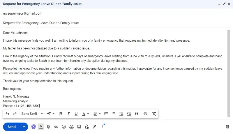 Emergency Leave Mail for a Family Problem: Examples