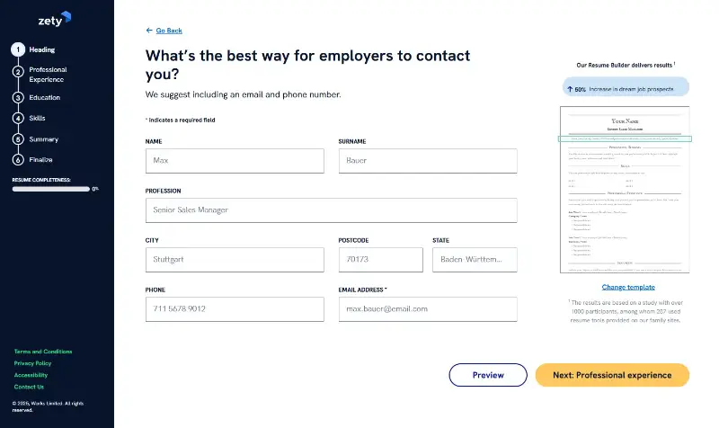 Professional resume builder - Zety