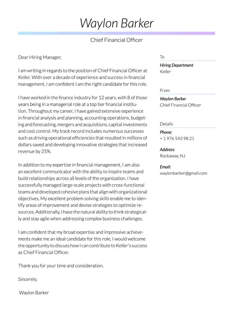 CFO cover letter examples