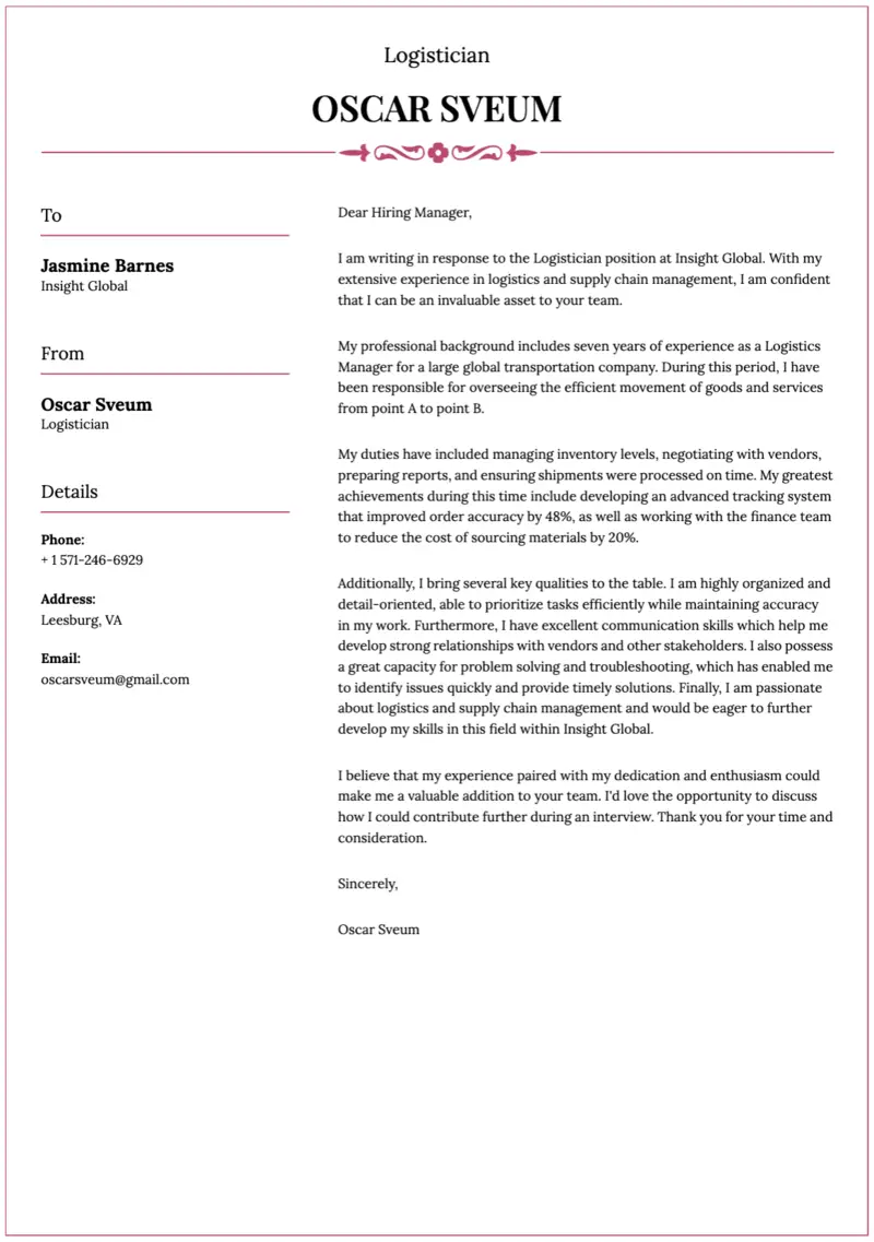 Cover letter for logistics example