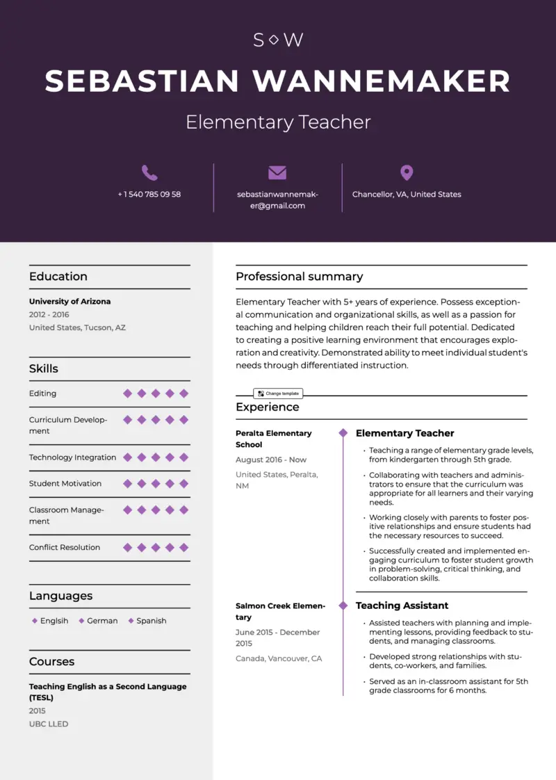 Elementary teacher resume sample