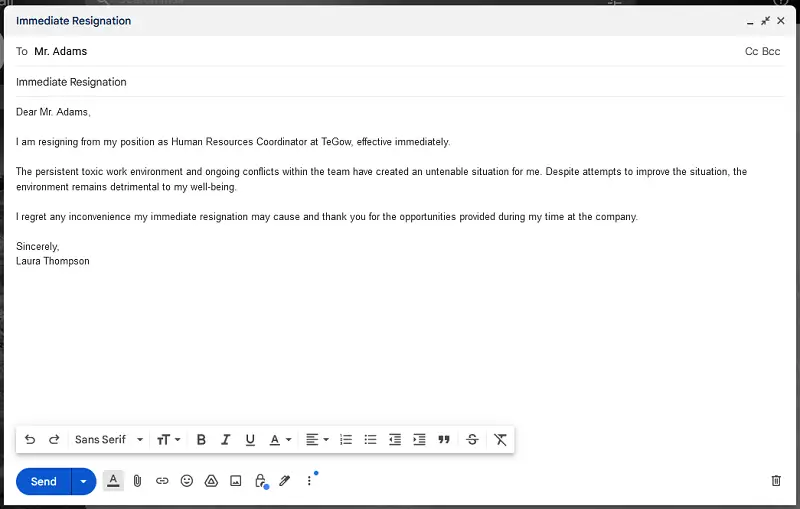 Example of an immediate resignation letter due to toxic work environment