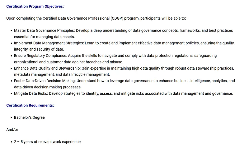 Certified Data Governance Professional (CDGP) objectives