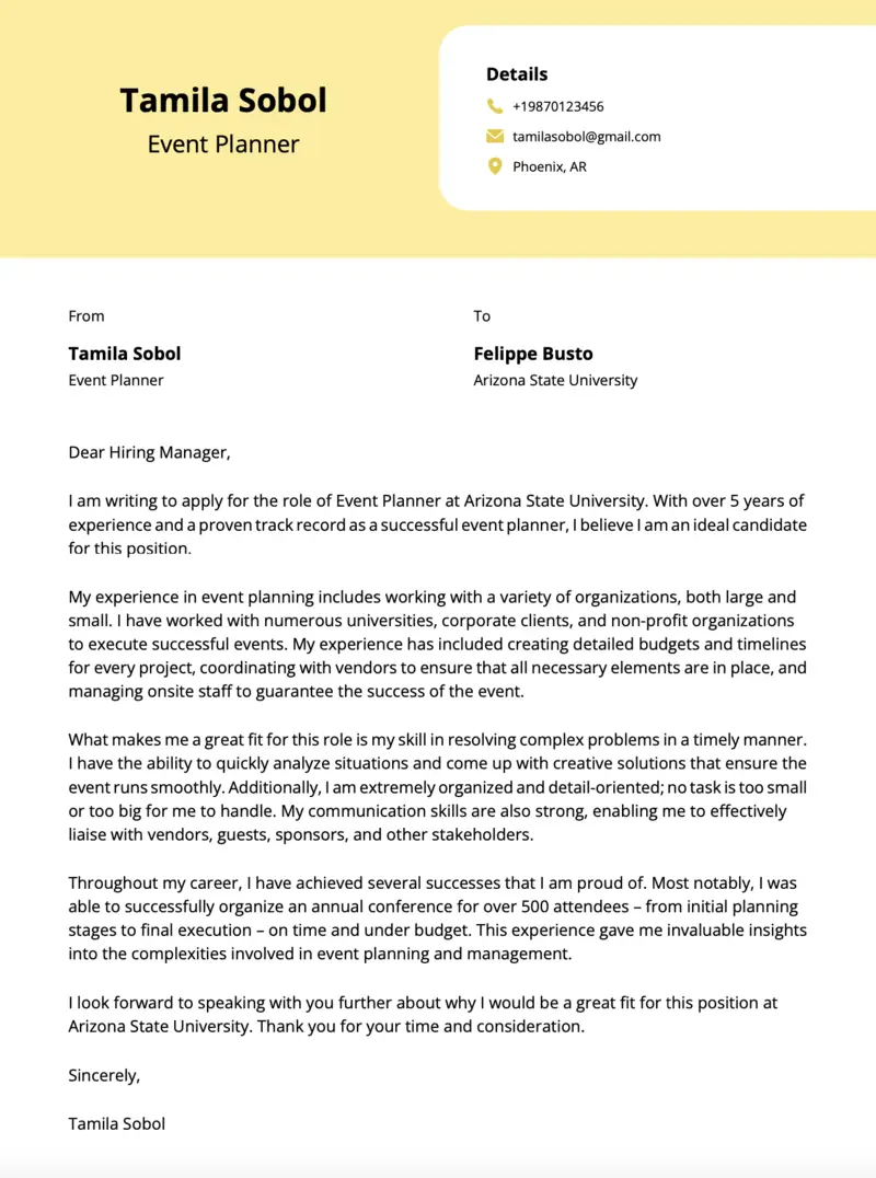 Sample event planner cover letter