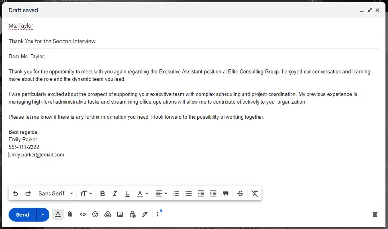 Example of a second interview thank you email for an executive assistant