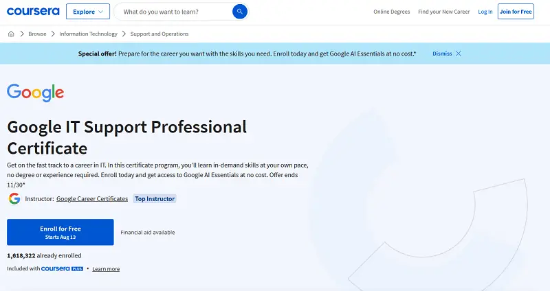 Google IT Support Professional Certificate website