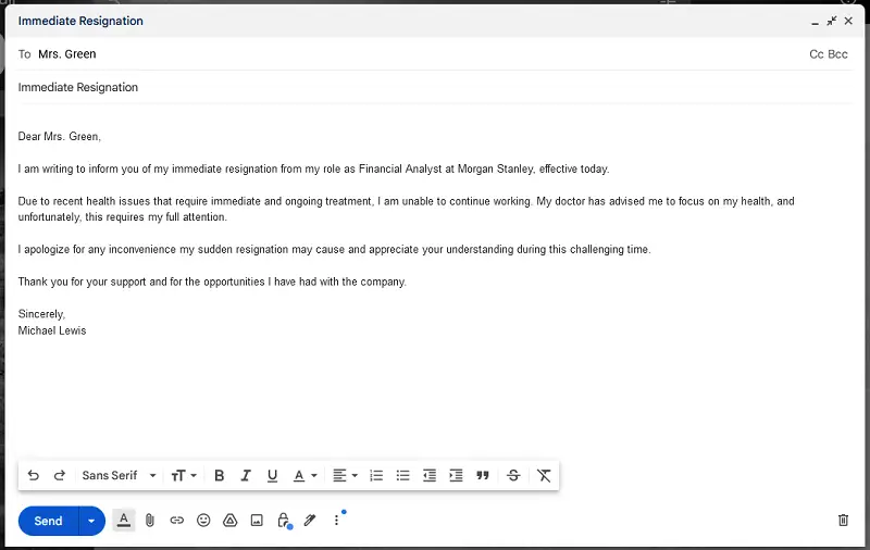 Example of an immediate resignation letter because of health issues