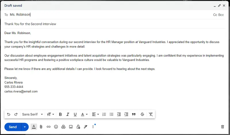 Example of a second interview thank you email for HR manager