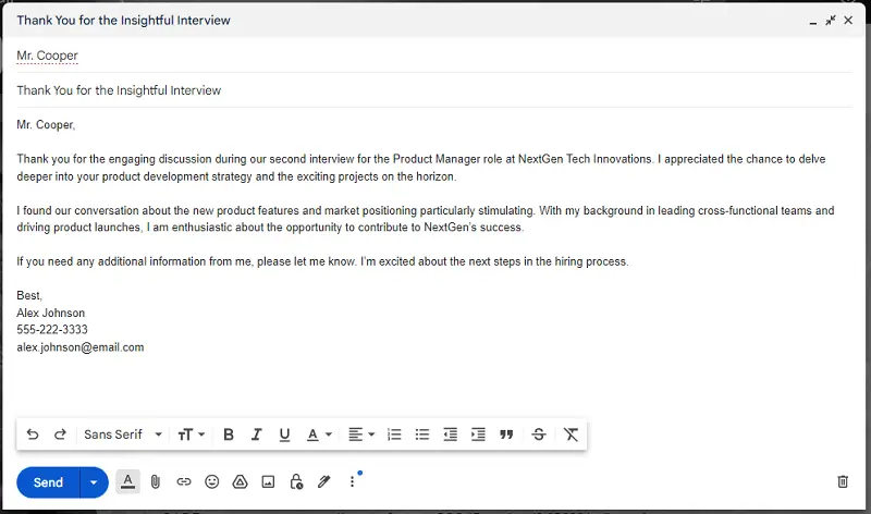 Example of a second interview thank you email for a product manager