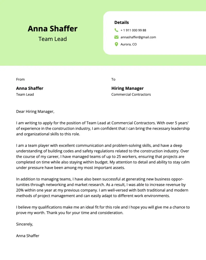 Team leader cover letter