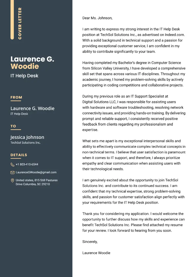 IT Help Desk  Cover Letter