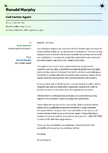 Call Center Agent Cover Letter