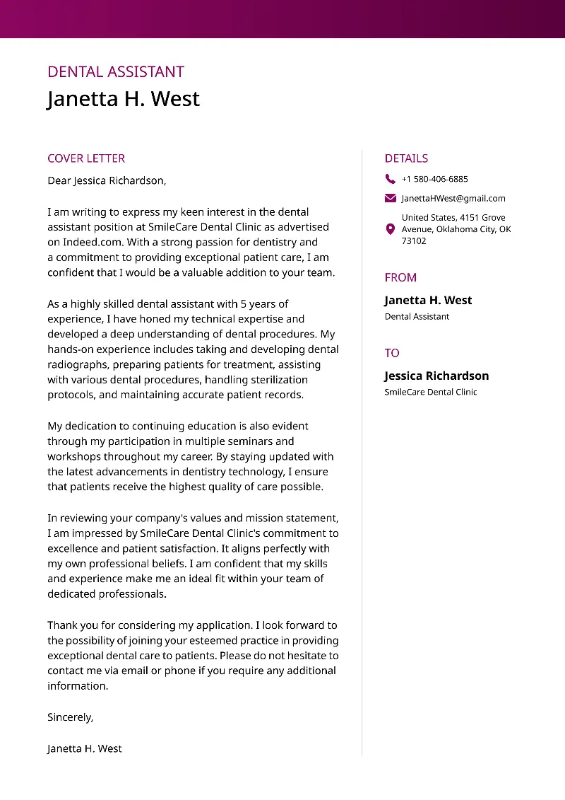 Dental Assistant Cover Letter