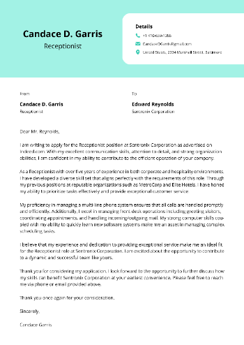 Receptionist Cover Letter Receptionist Cover Letter