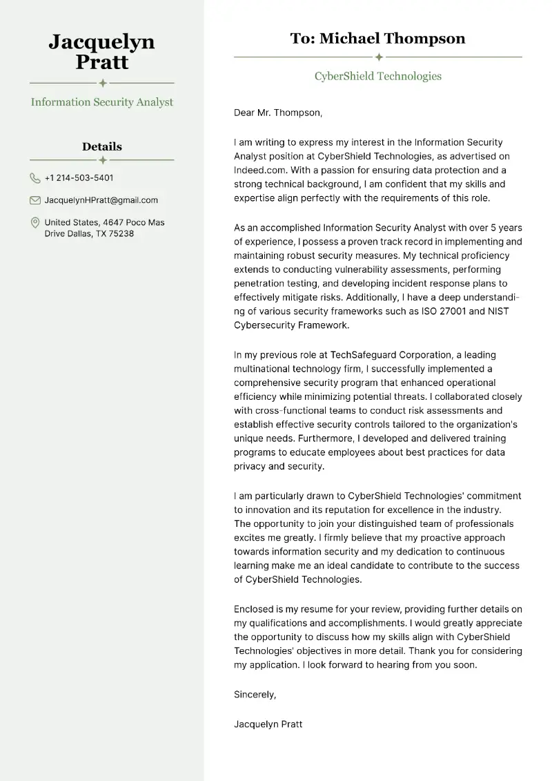 Information Security Analyst Cover Letter
