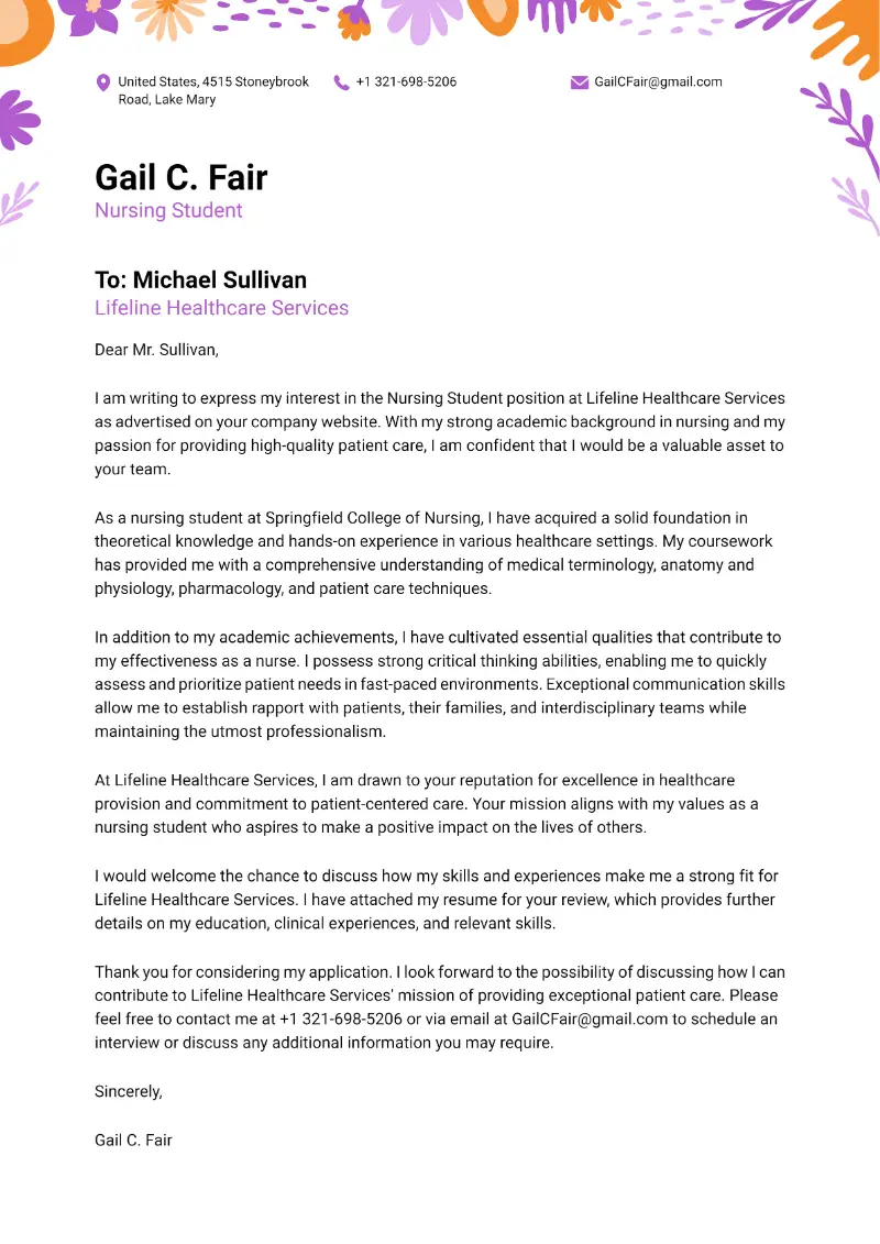 Nursing Student Cover Letter Nursing Student Cover Letter