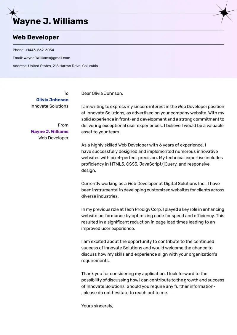 Web Developer Cover Letter