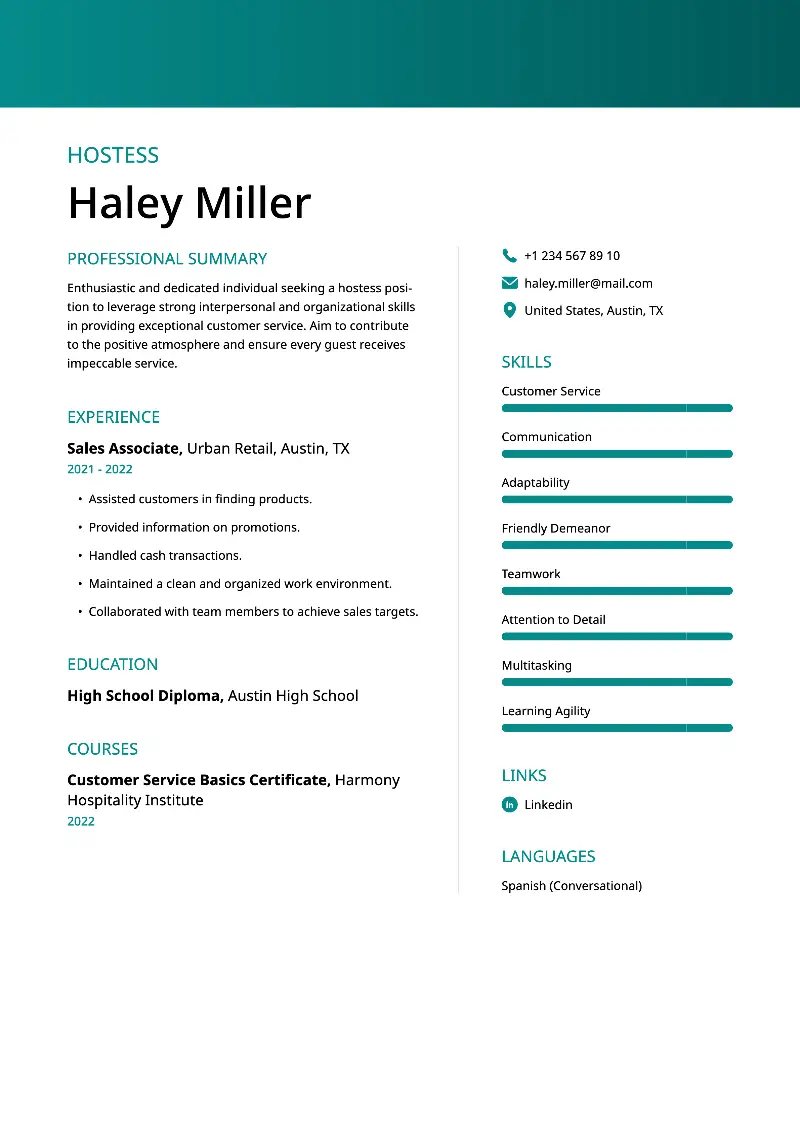 objective on resume for hostess job