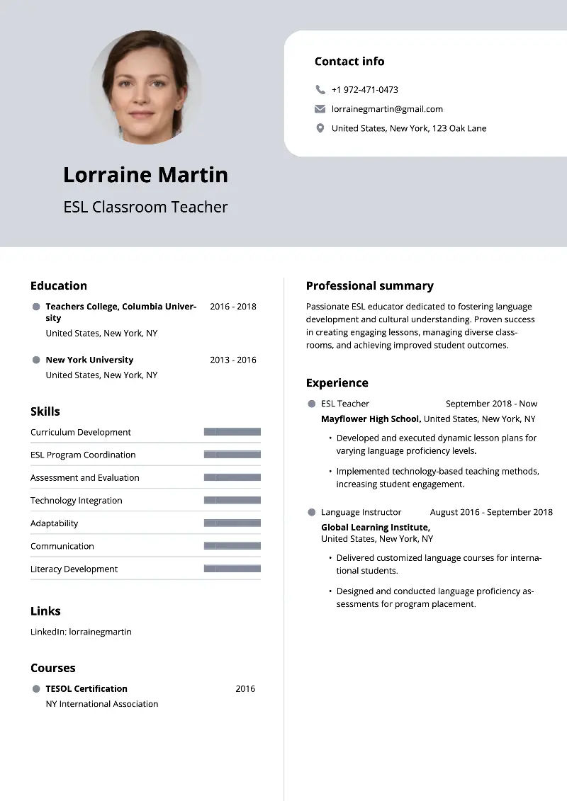 ESL Teacher Resume Examples and Skills for 2024