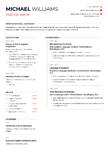 Adult ESL teacher Resume Adult ESL teacher Resume