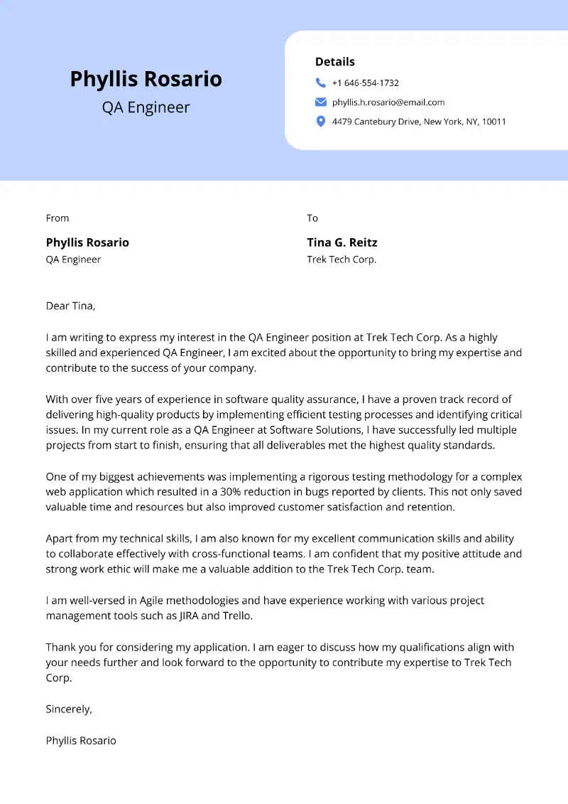 QA Engineer Cover Letter