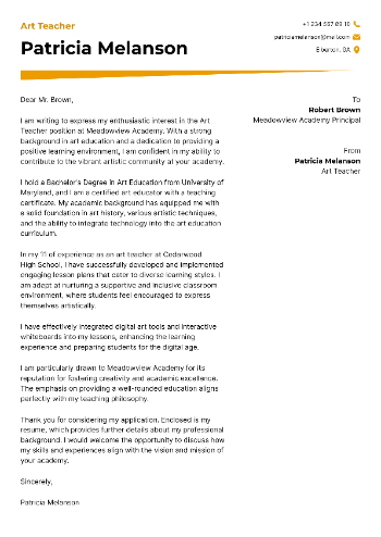 Art Teacher Cover Letter Example Art Teacher Cover Letter Example