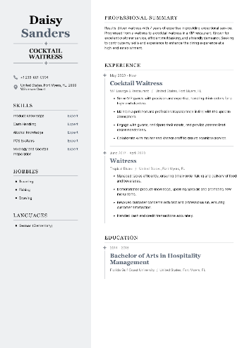 Cocktail Waitress Resume Cocktail Waitress Resume