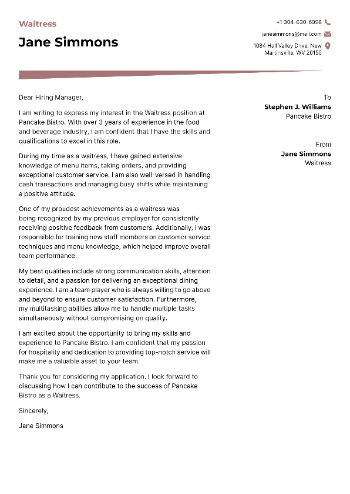 Waitress Cover Letter Waitress Cover Letter