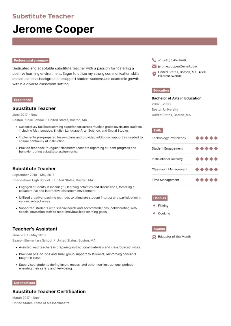 Substitute Teacher Resume Substitute Teacher Resume