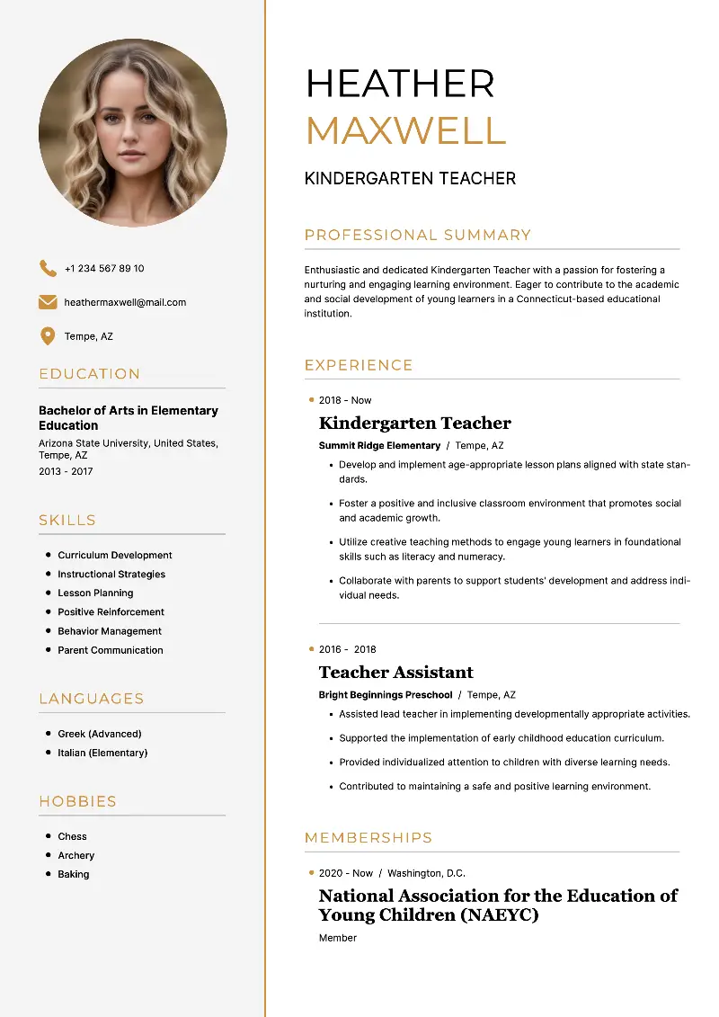resume teacher kindergarten sample