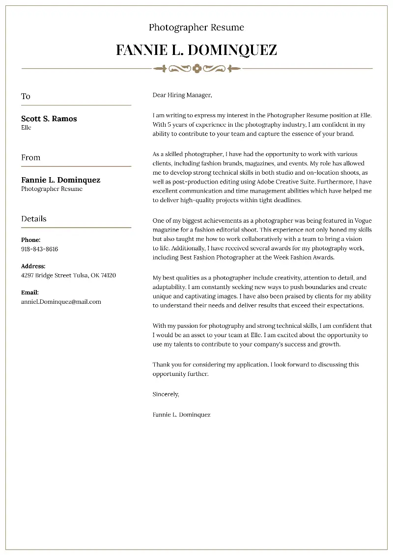 Photographer Resume Cover Letter Photographer Resume Cover Letter