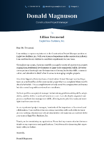 Construction Project Manager Cover Letter Example Construction Project Manager Cover Letter Example