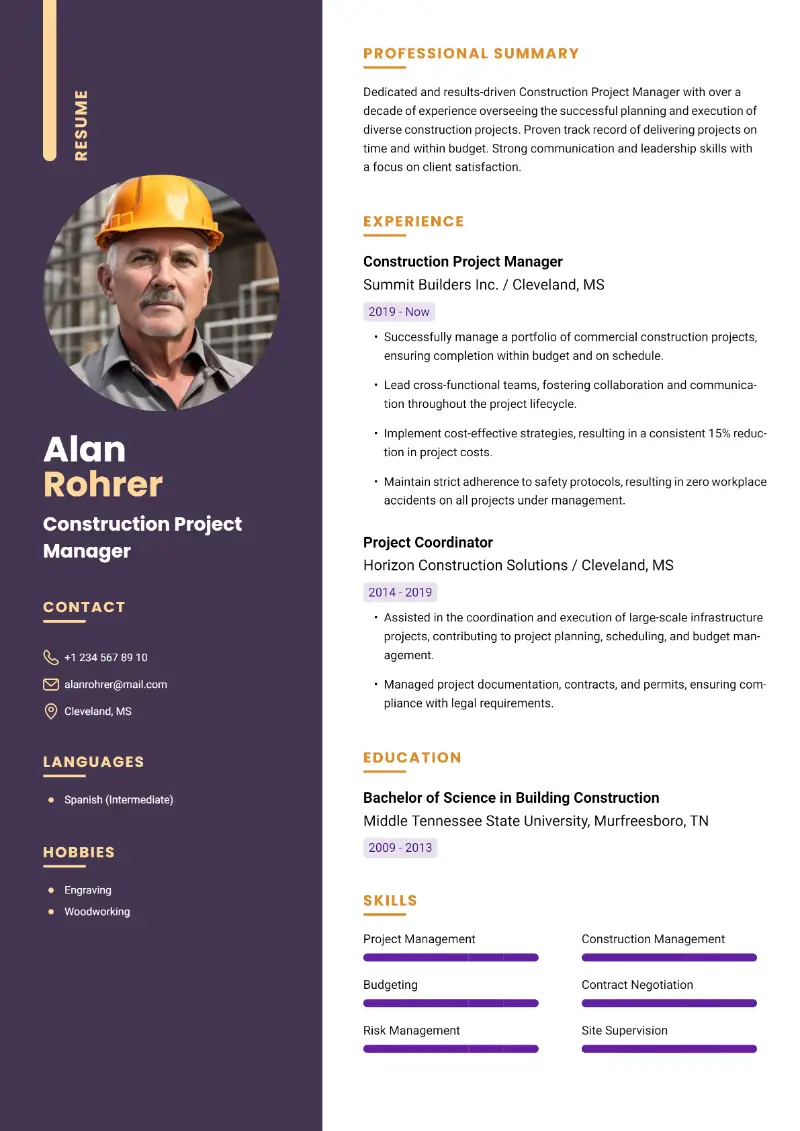 Construction Project Manager Resume Examples for 2024