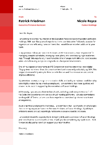 Executive Personal Assistant Cover Letter Sample