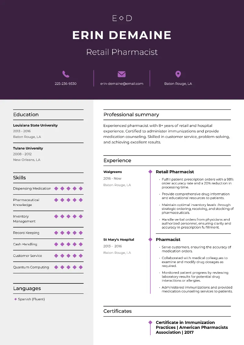 Retail Pharmacist Resume Retail Pharmacist Resume