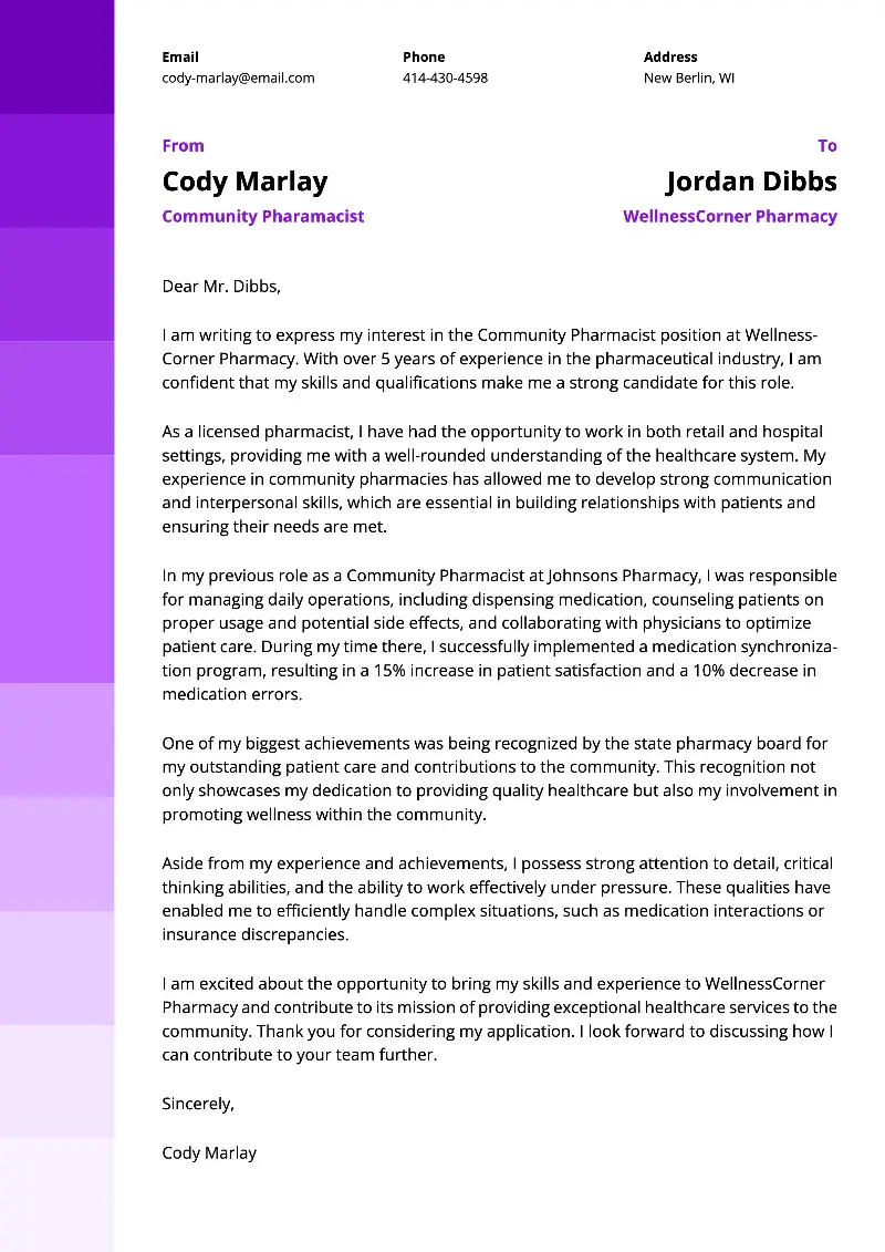 Community Pharamacist Cover Letter