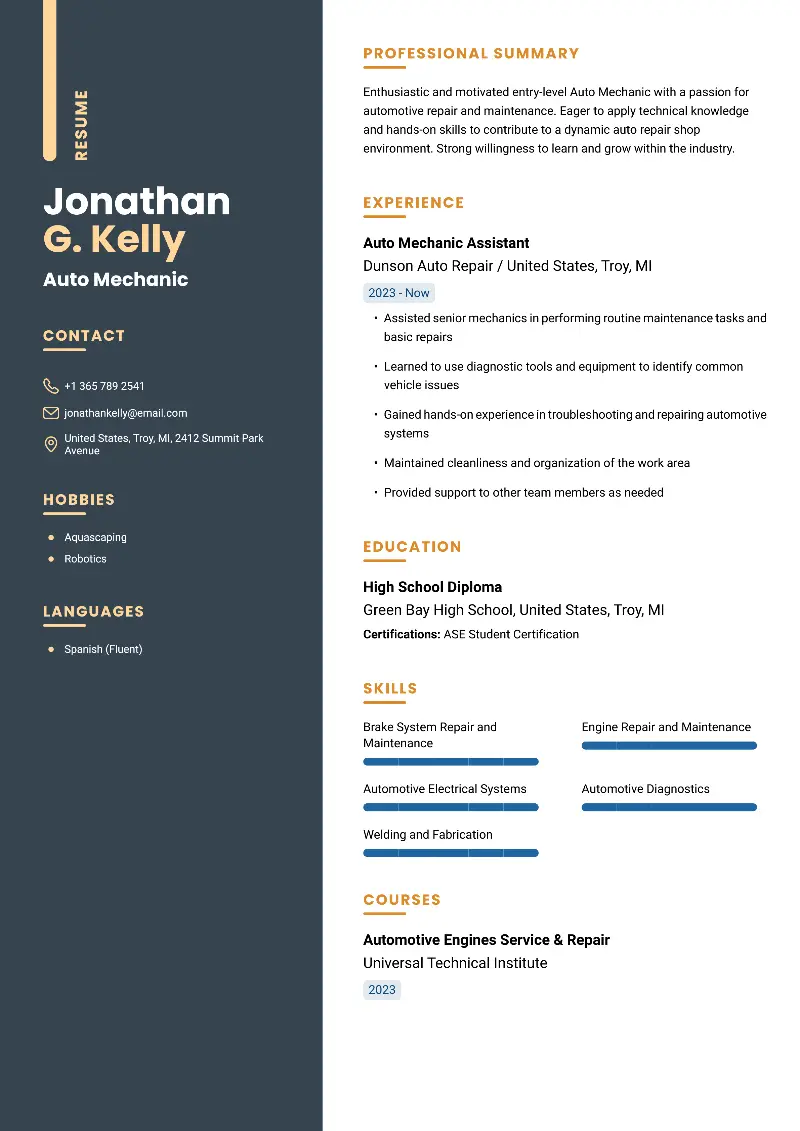 Auto Mechanic Resume Auto Mechanic Resume