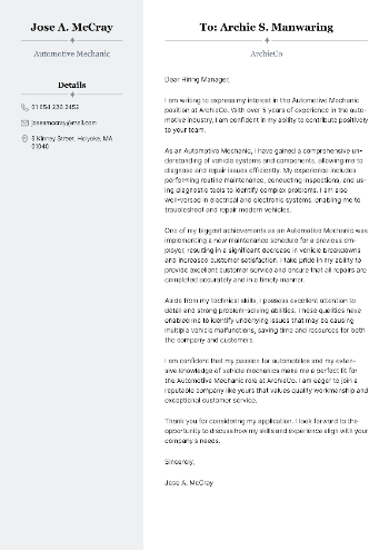 Automotive Mechanic Cover Letter Example Automotive Mechanic Cover Letter Example