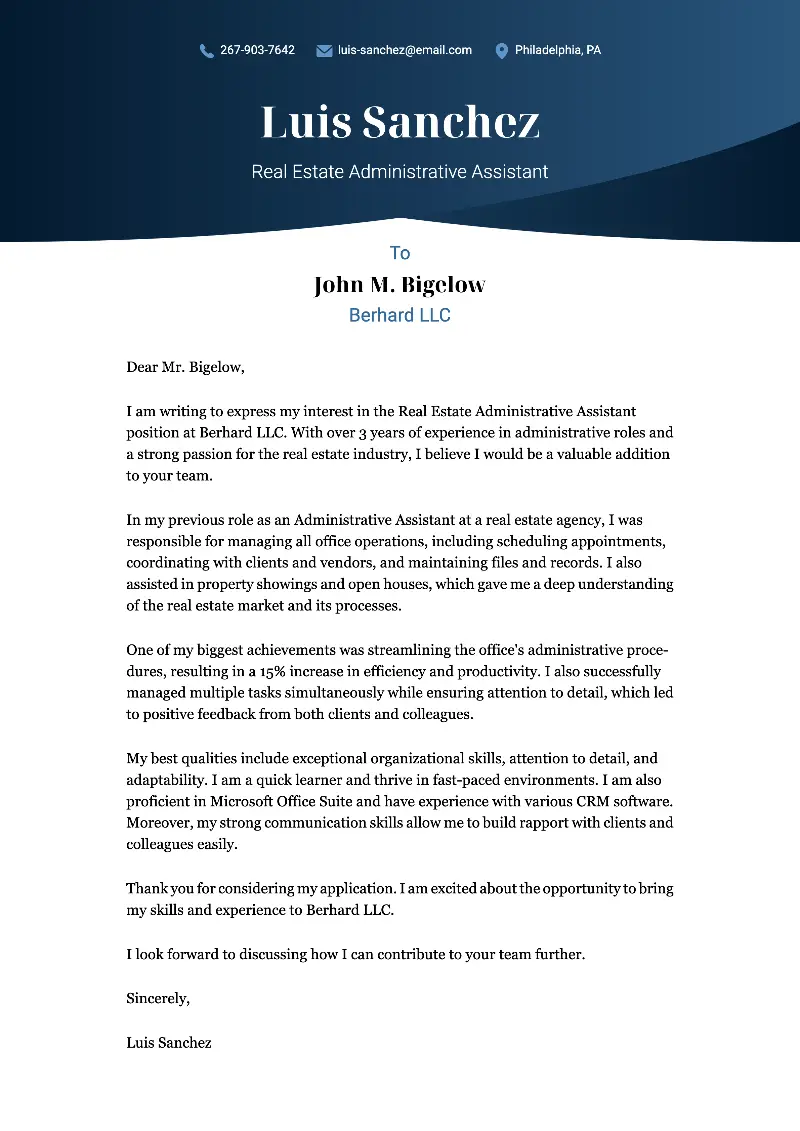 Real Estate Administrative Assistant Cover Letter