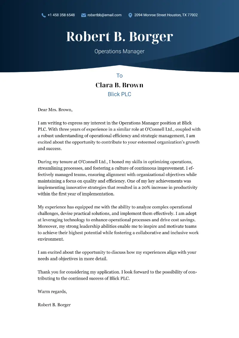 Operations Manager Cover Letter Operations Manager Cover Letter