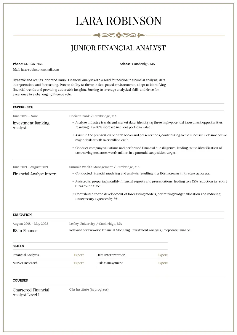 Junior Financial Analyst Resume Junior Financial Analyst Resume