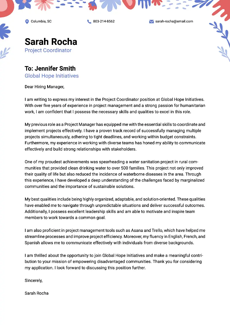 Project Coordinator Cover Letter Project Coordinator Cover Letter