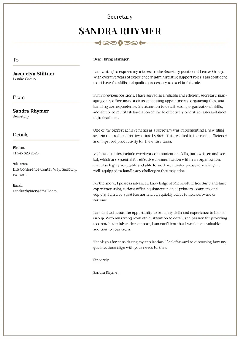 Secretary Cover Letter Secretary Cover Letter