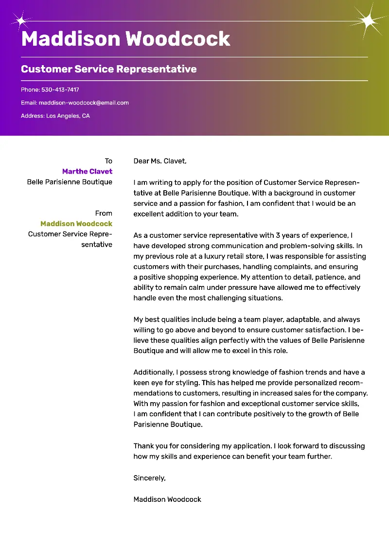 Customer Service Representative Cover Letter Customer Service Representative Cover Letter