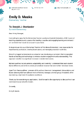 Elementary Teacher Cover Letter Elementary Teacher Cover Letter