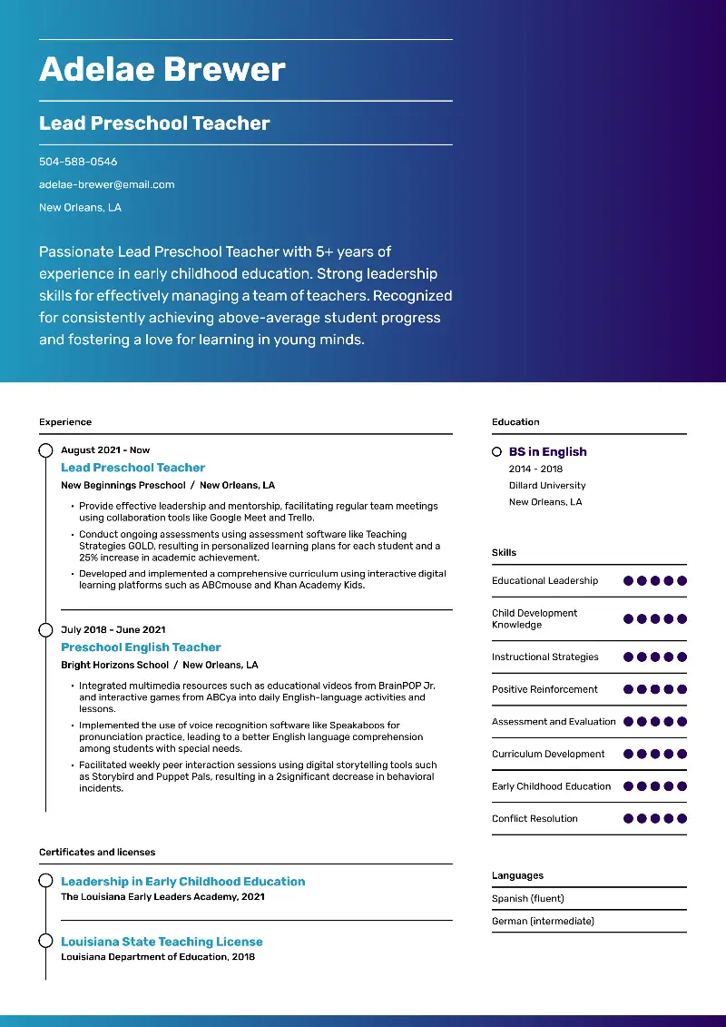 Lead Preschool Teacher Resume Lead Preschool Teacher Resume