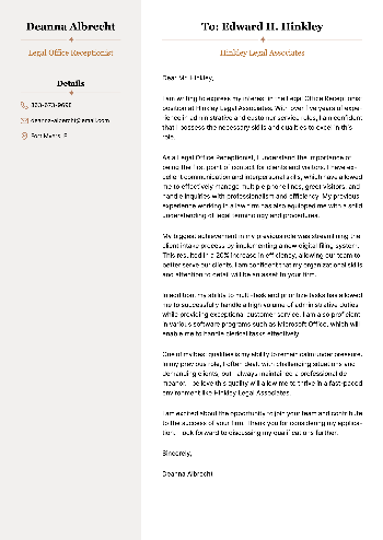 Legal Office Receptionist Cover Letter Sample Legal Office Receptionist Cover Letter Sample