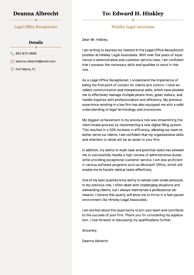 Legal Office Receptionist Cover Letter Legal Office Receptionist Cover Letter